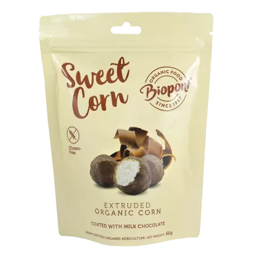 Bio sweet corn tejcsokoládéval bevont extrudált kukorica, gluténmentes 60 g